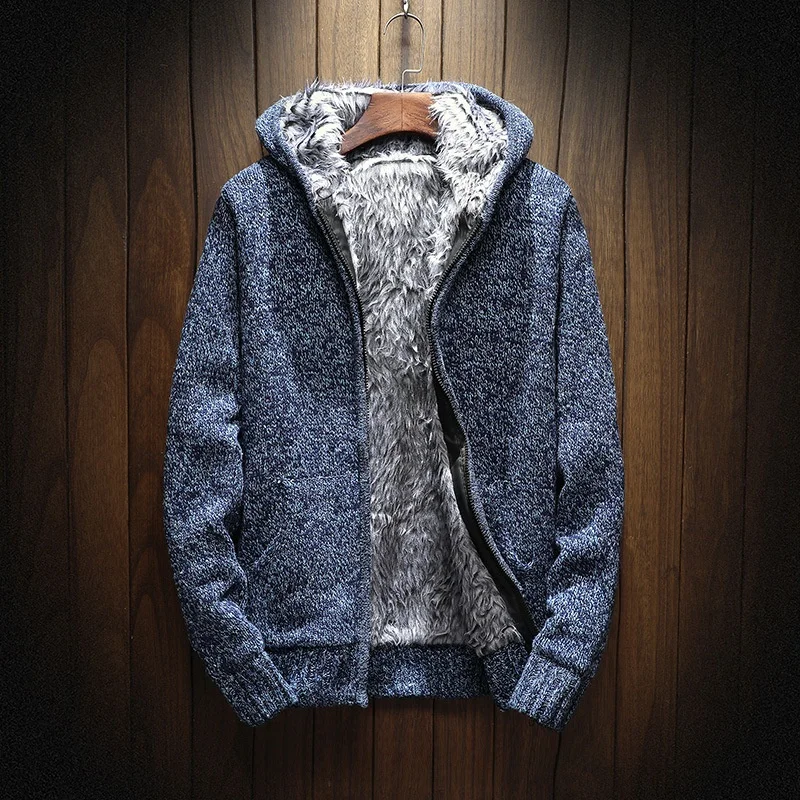 

Корейская утепленная флисовая толстовка-кардиган Slim Fit с капюшоном для мужчин, теплая вязаная кофта на молнии, повседневная зимняя верхняя одежда
