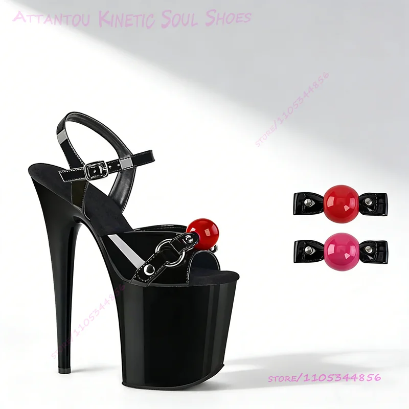 Colorful Round Candy Buckle Cute Sandals Girls 20cm/8 Inch Open Black Patent Leather Stiletto Ankle Heels Pole Dancing Sexy Shoe