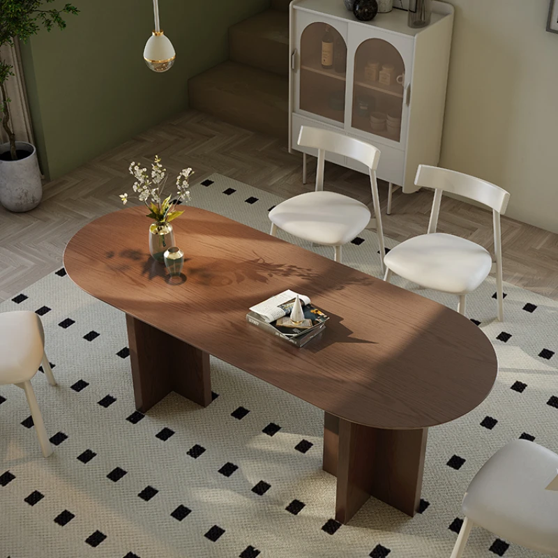 

Travertine rock slab dining table living room household oval dining table French cream style dining table