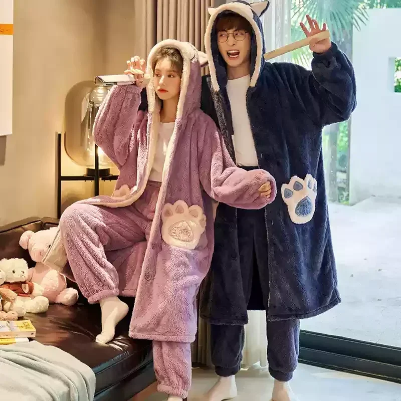 Footprints Flannel Nightwear for Lovers Long Robe & Pant 2Pcs/Set Sleepwear Women Coral Fleece Sleepwear Hooded Men Pjs Pyjamas