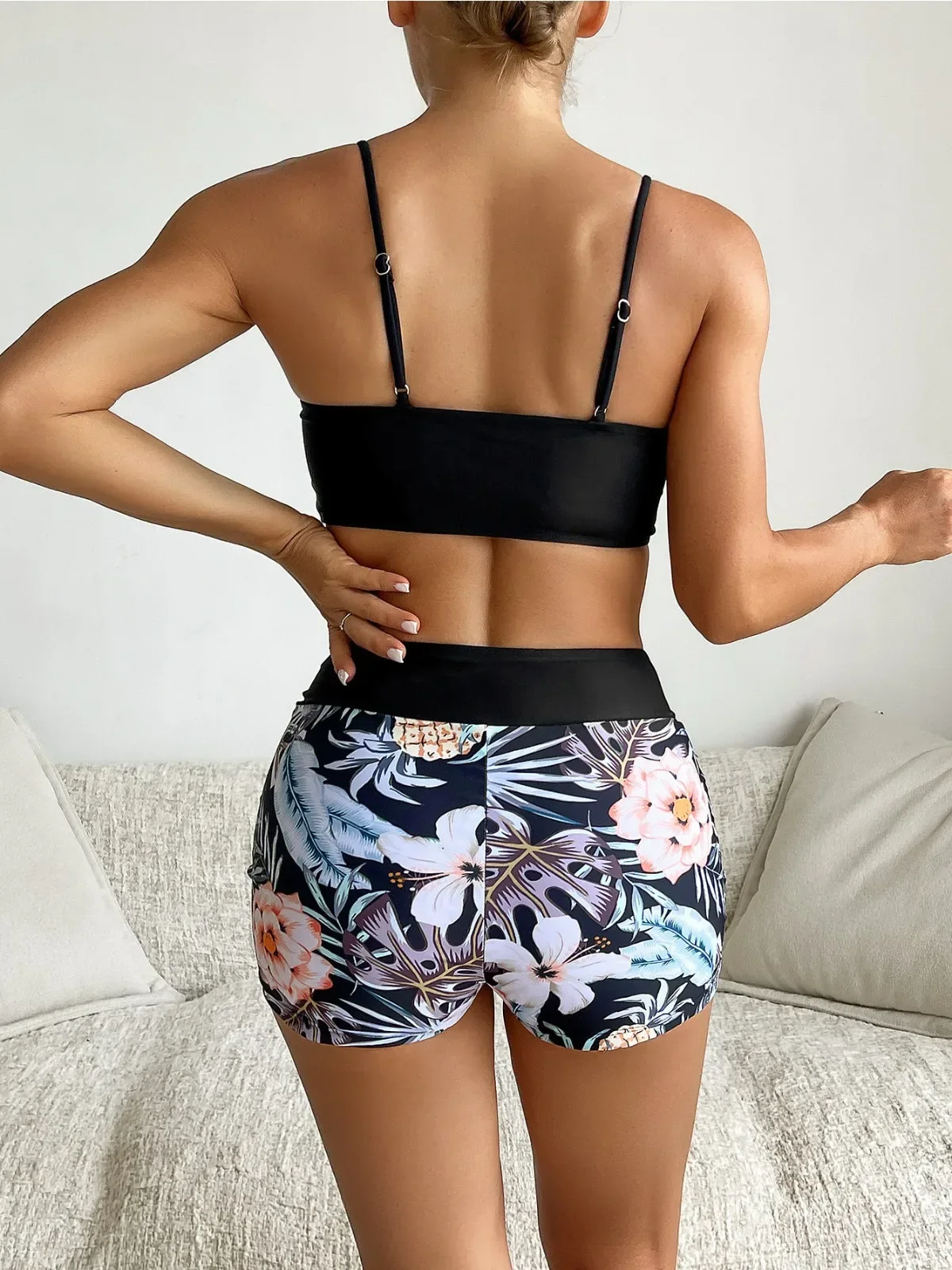 Traje de baño de tres piezas con estampado de flores para mujer, traje de baño de malla de manga larga con protección solar, conjunto de Bikini de cintura alta con cordones, novedad de 2024