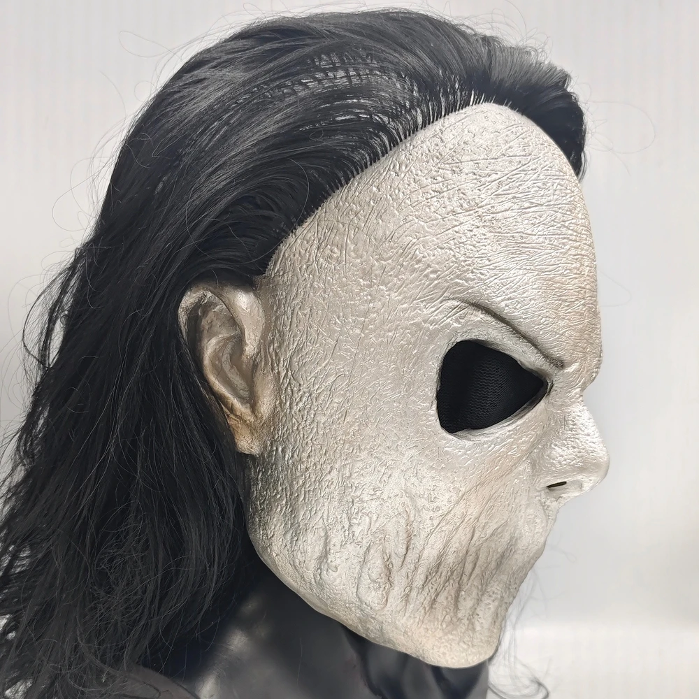 หน้ากากหัวกะโหลกฮาโลวีนแบบสมจริง พร้อมวิกผมยาวสีดำ อุปกรณ์ประกอบชุดคอสเพลย์สยองขวัญ สำหรับงานปาร์ตี้ผู้ใหญ่ ของตกแต่งชุดแฟนซีสุดหลอน