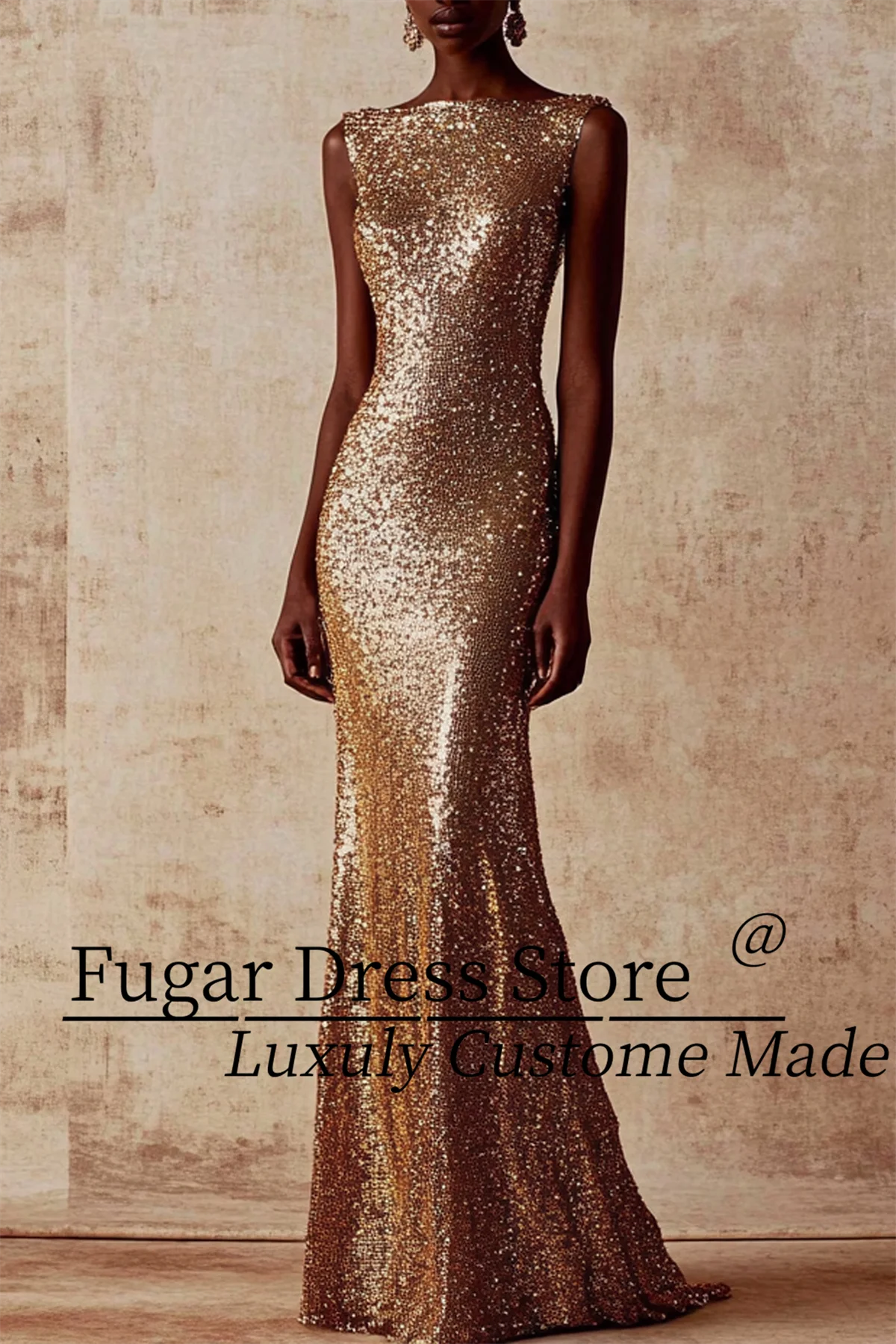 

TIANTIAN Customized Gold Shiny Sequin Fashion Sleeveless Mermaid Floor-Length Dress Formal Prom Dress платье на выпускной