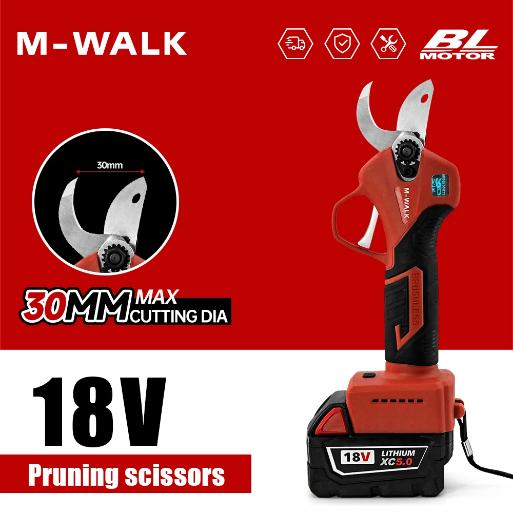 

M-WALK 18V 30mm Brushless Electric Pruning Shears LED Cordless Garden Scissors Fruit Tree Power Tools For Milwaukee Battery Pin