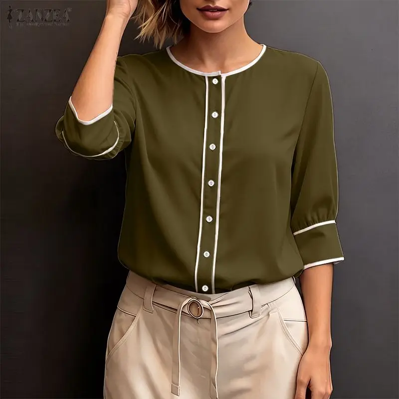 

ZANZEA Contrast-Trim Shirts for Woman 3/4 Sleeves O-Neck Button Up Tops 2026 Summer Casual Fashion Chemises Femme Streetwear
