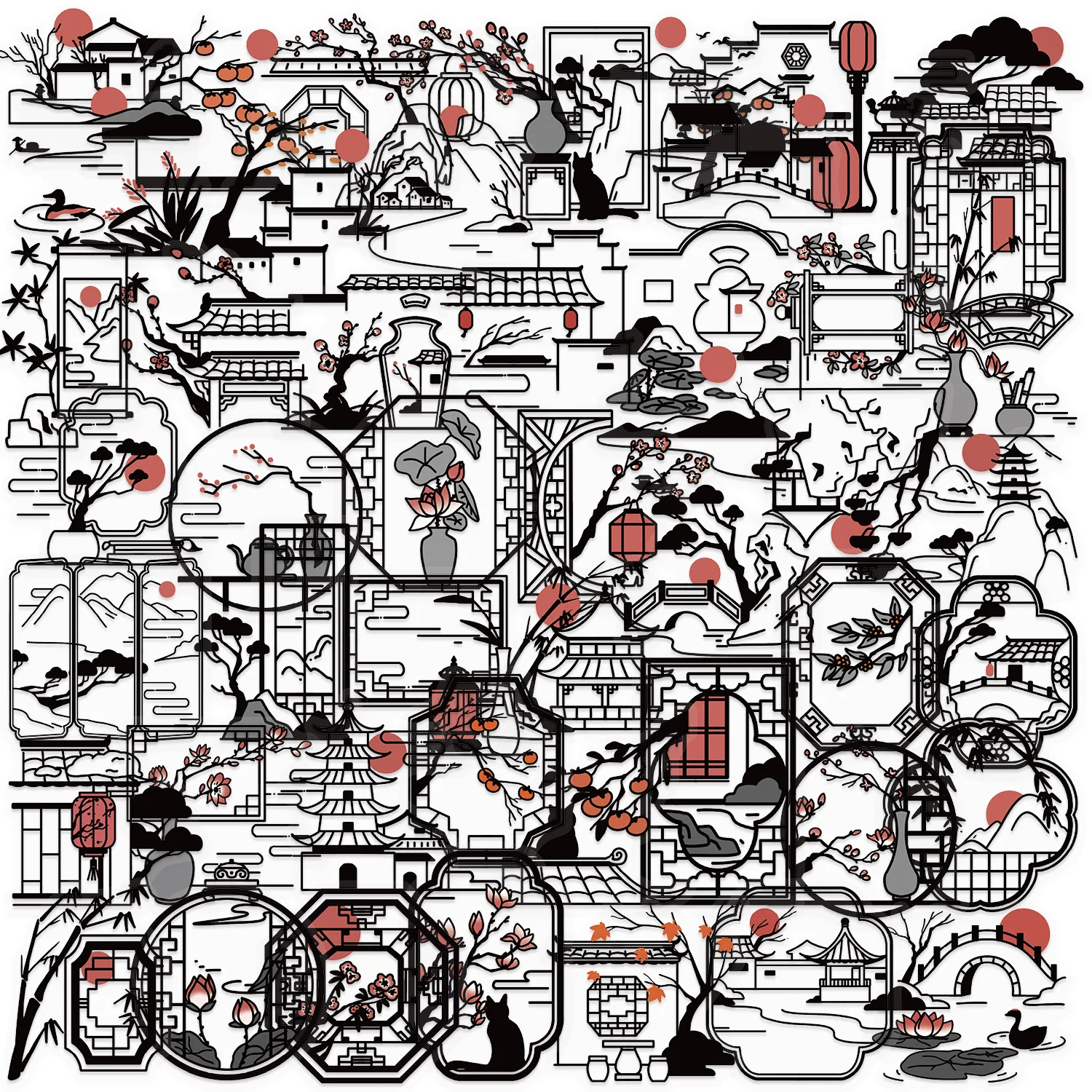 50/100 قطعة من ملصقات صورة ظلية قديمة باللون الأسود والأبيض، شارات مجلة PET شفافة لمكتب حقيبة دفتر الجيتار