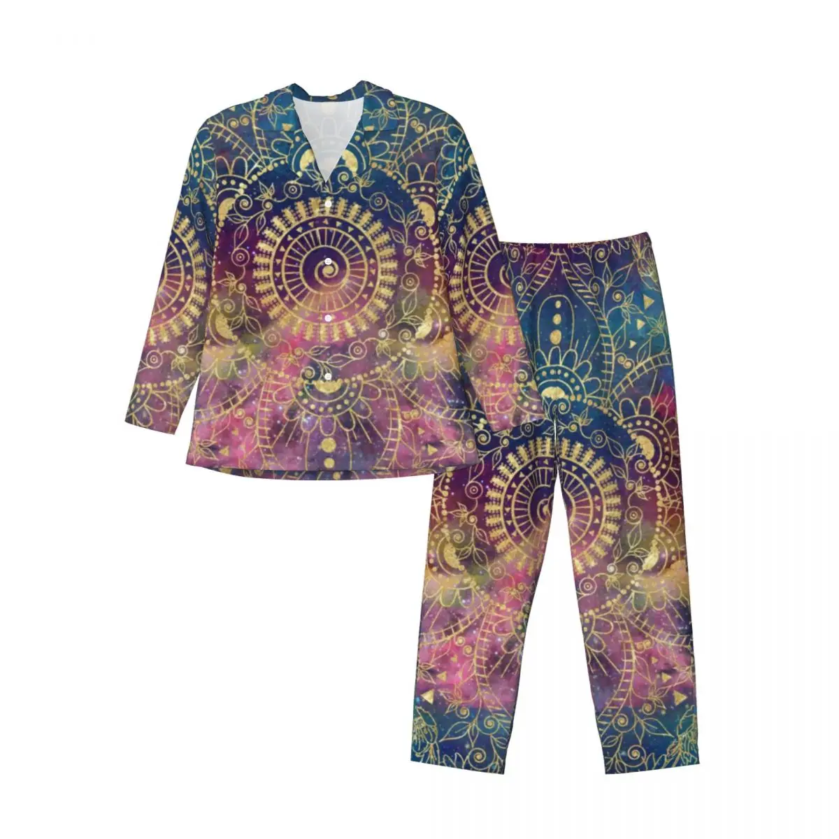 Retro Floral Print Sleepwear Spring Gold Mandala Aesthetic Oversized Pajama Sets Mens Long Sleeves Leisure Design Home Suit