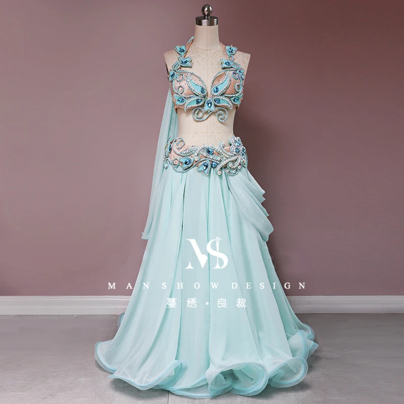 

customized belly dance costume women's new sexy performance outfit green text chest and waist seal big swing skirt classic sets