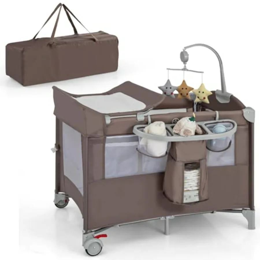 

5-in-1 Pack and Play with Bassinet and Diaper Changing Table in Coffee Color Portable Baby Play Yard with Toy Arch Music Box De