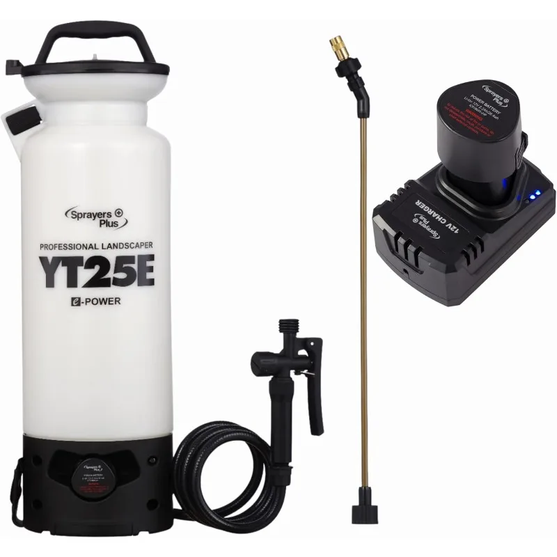 YT25E Battery Sprayer - 12V Lithium-ion with Viton Seals & O-Ring, Brass Wand & Nozzle & Shoulder Strap, 2 Gallon