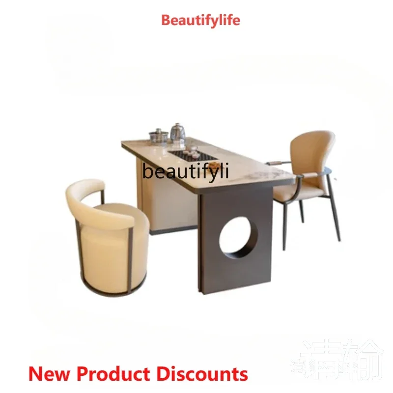 

Q181 Italian Stone Plate Balcony Table-Chair Set Stainless Steel Light Luxury Tea Making Table Modern Minimalist Tea Table