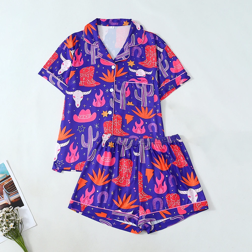 

Женский комплект одежды для сна с принтом из 2 предметов, удобная свободная одежда для дома, рубашка на пуговицах с лацканами, шорты, костюм, женская повседневная одежда