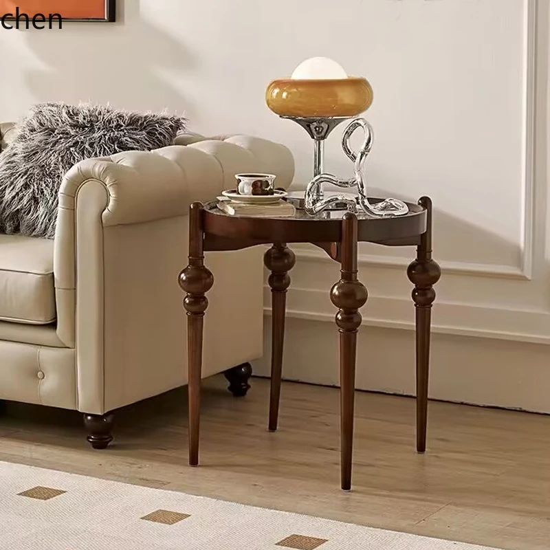 

LXC retro solid wood sofa edge few round corner few household living room light luxury glass small coffee table