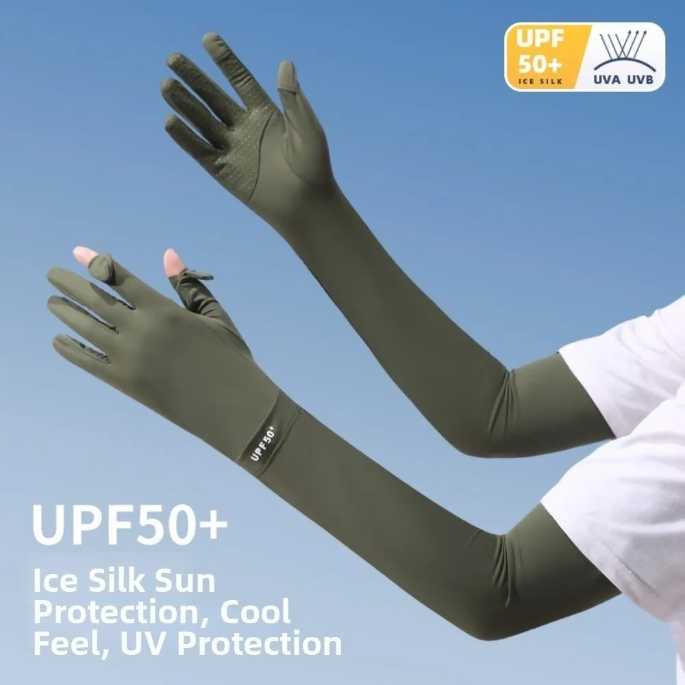 

Simple Solid Color Long Sleeve Non-slip Sun Protection Sunscreen Sleeve Gloves Flip Elastic Ice Silk Arm Sleeve Women