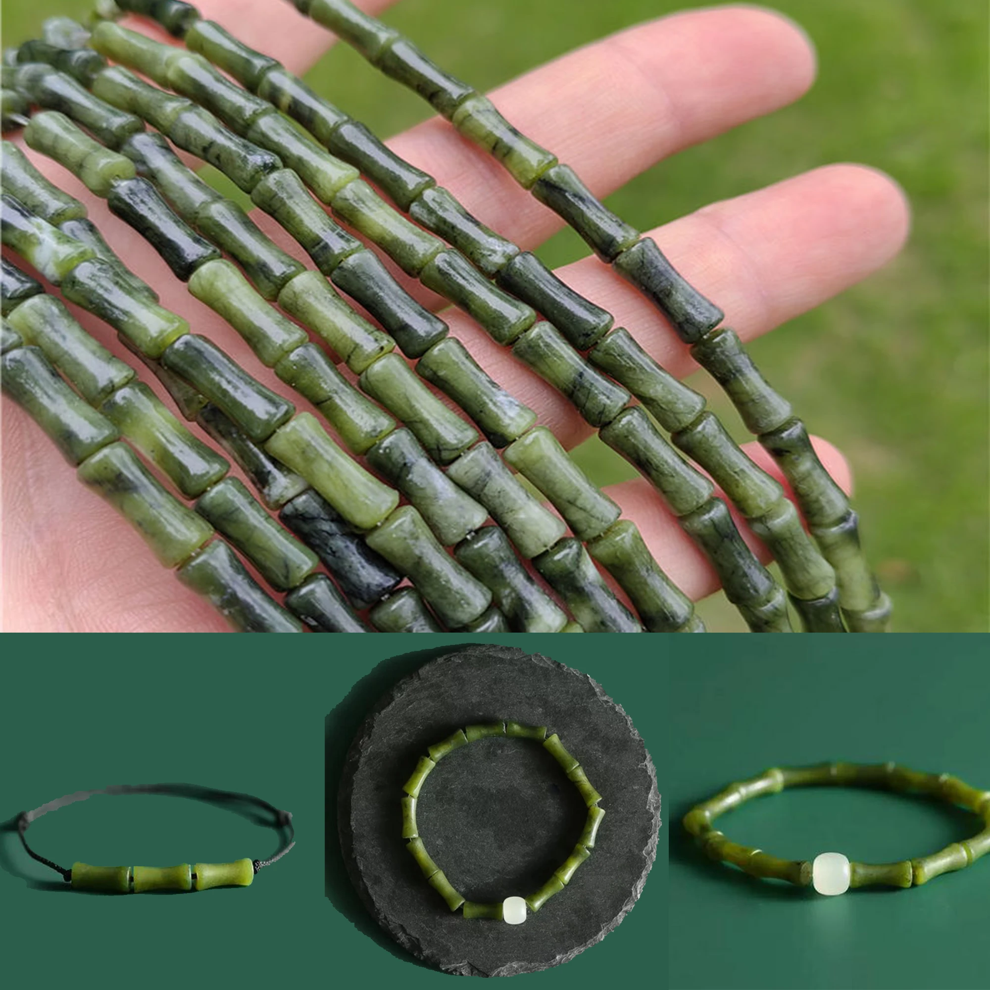 12x5mm Natural Stone Green Jade Bamboo Shape Loose Spacer Beads for Jewelry Making DIY Unique Bracelets Necklace Earrings