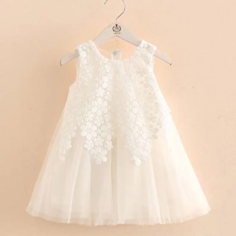 

Spring Summer New Girl Versatile Round Neck Hook Flower Splicing Lace Sleeveless Kids Clothes Vest Net Yarn A-line Midi Dresses