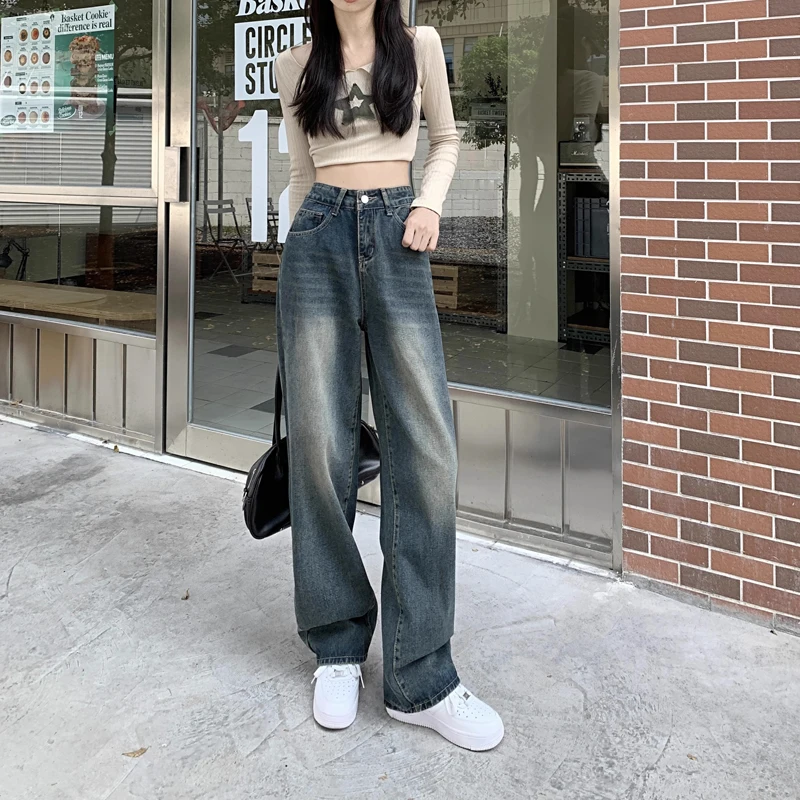 Retro Blue Wide Leg Jeans Women's Summer New Loose Small Trousers High Waist Straight Mop Pants