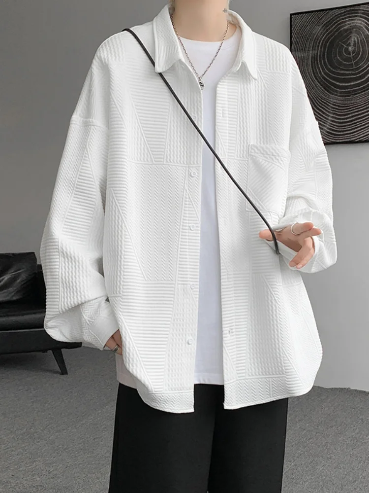 

Textured Long Sve Men's irt Loose Fit Pure Color Simple Collar Jaet Spring 2025 Trendy Brand Garment Youth