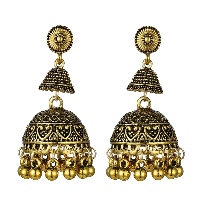 Indian Oxidized Jewelry Women\'s Gold Silver Color Big Bell Jhumka Earrings Ethnic Gypsy Tassel Alloy Drop Earing Tibetan Jewelry