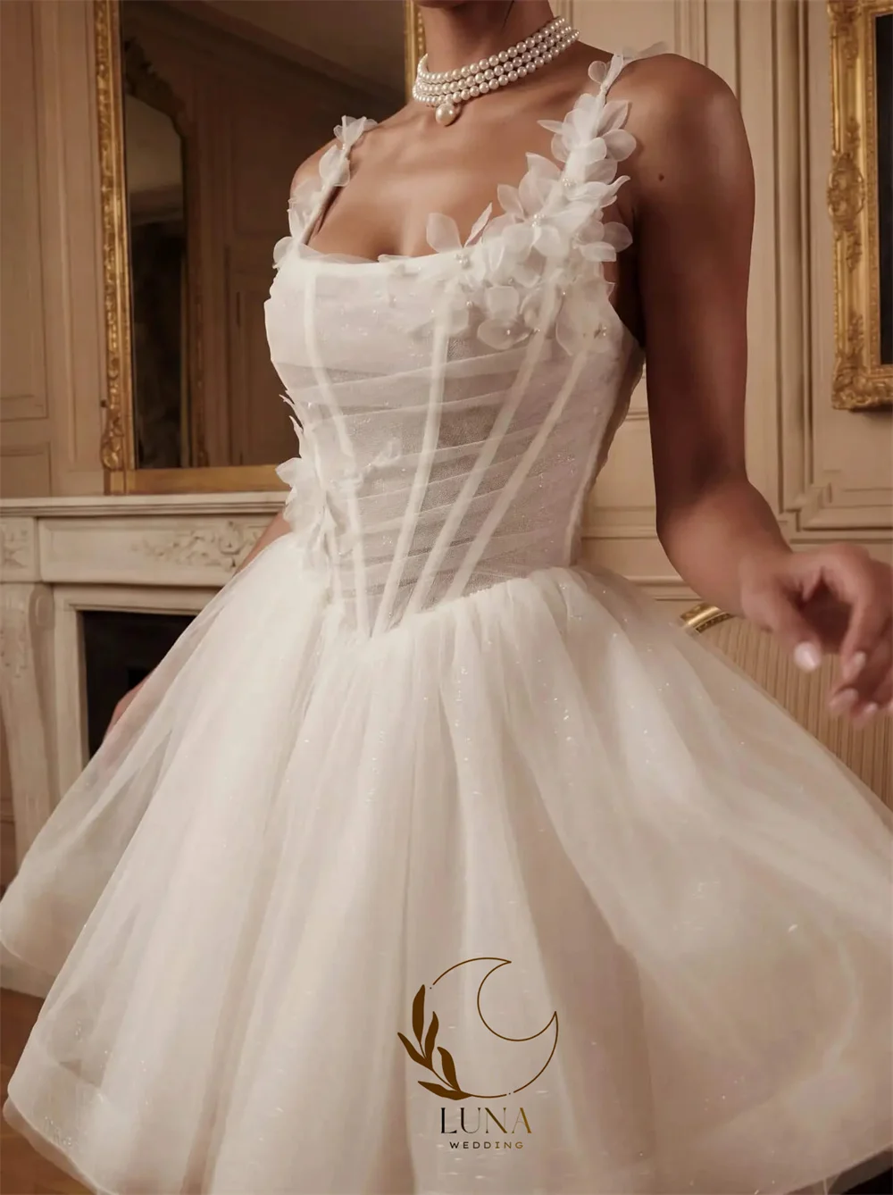 Luna Customized Romantic Short Wedding Dresses Spaghetti Straps Floral Appliques Bridal Gowns Vestidos De Novia