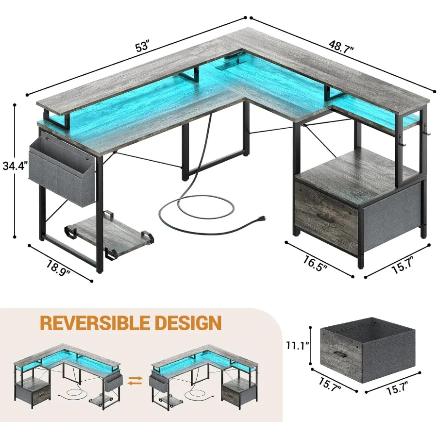 مكتب على شكل حرف L مع درج ملف قابل للعكس على شكل حرف L مع مخرج طاقة وأضواء LED للمكتب المنزلي ومكتب زاوية مع #2