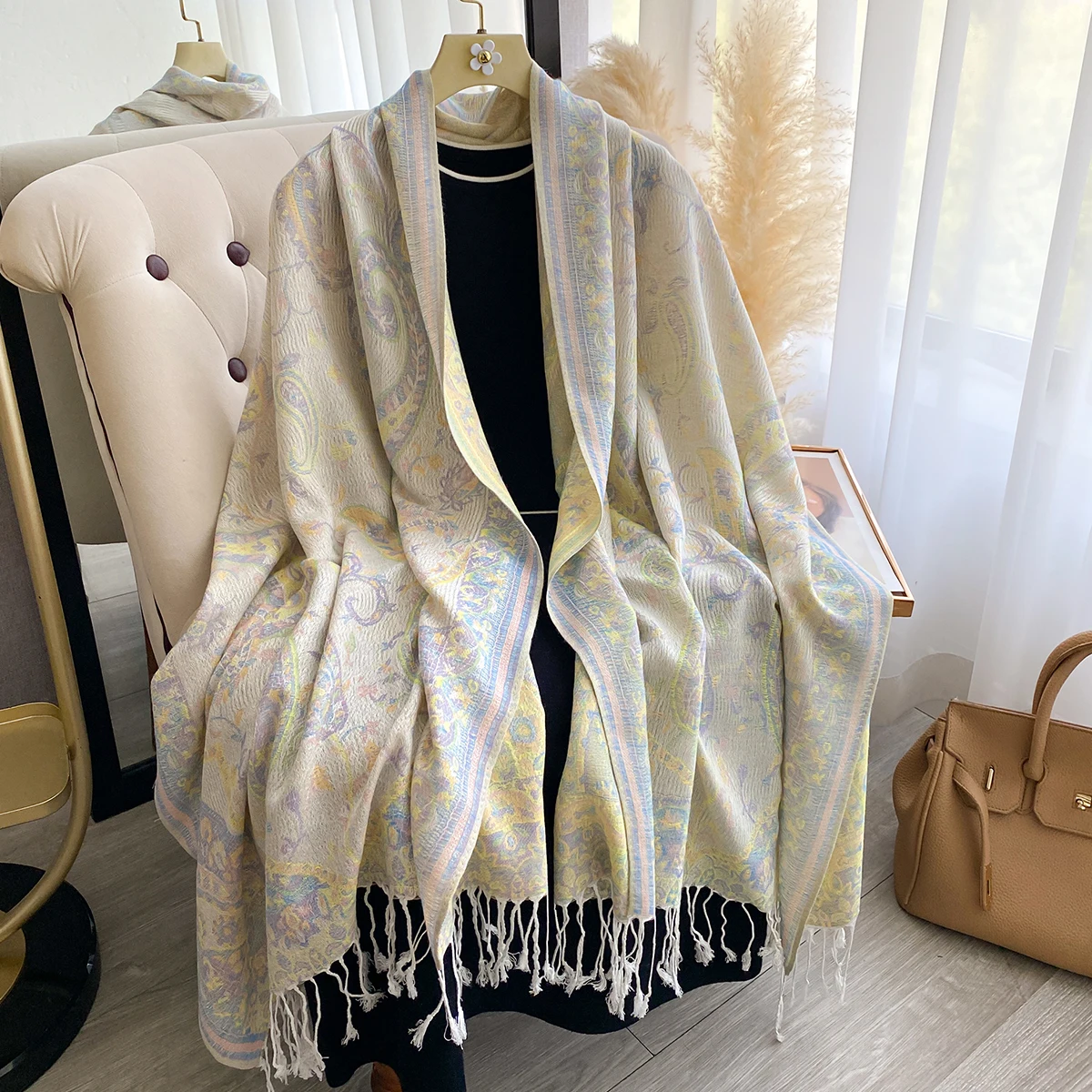 Luxuriöser Winter-Damen-Kaschmirschal – bedruckter, mit Quasten bestickter Schal, warmer Pareo-Umhang und eleganter Poncho – Detail 21