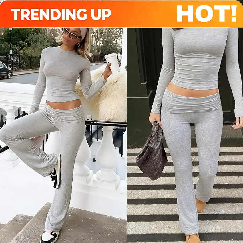 Women Casual Fitness Two Piece Tracksuit, Crew Neck Long Sleeve Shirt, Low Waist Flared Leg Pants Athletic Set