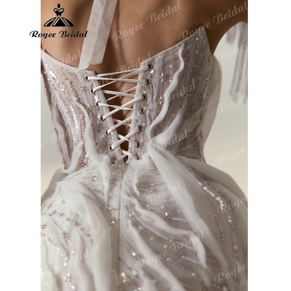 3D Feather Tulle Appliqués Mini Wedding Dress Strapless Beaded Corset Bodice Lace-Up Back Tulle Bridal Gown Customized