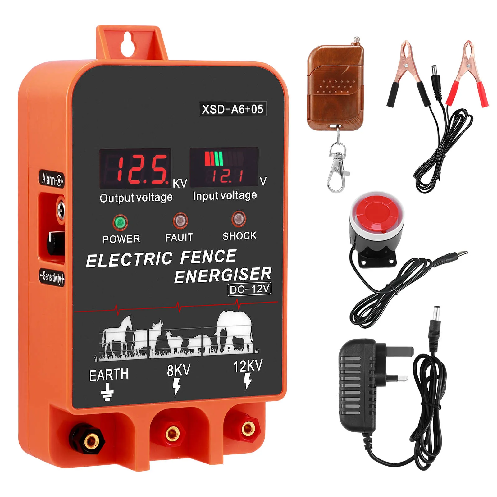 

Smart Electric Fence Energiser with Remote Control and Alarm,3.5 Joules 6.2 Miles,Input 12V Output 8 KV or 12KV for Livestock
