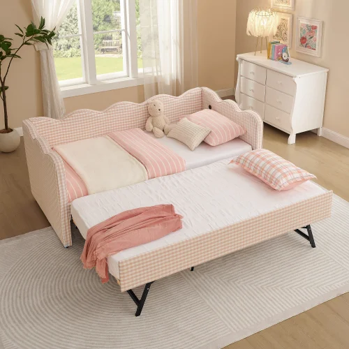 Cozy Gingham Daybed With Trundle Twin Size Sofa Bed No Box Spring Needed, With USB Port, Linen Fabric, Pink
