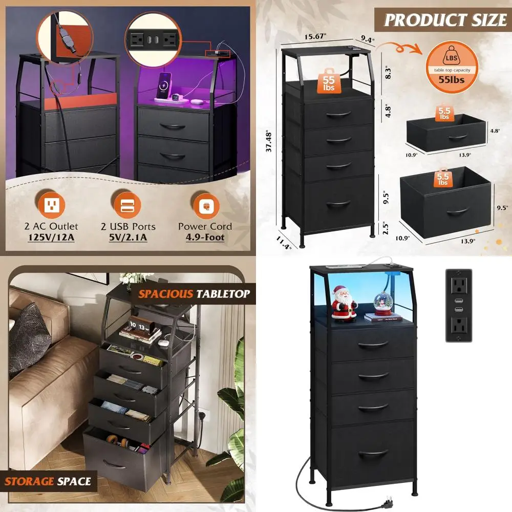 

LED-lit Nightstand with 4 Drawers, Storage Shelf, and 3 USB Ports, Black