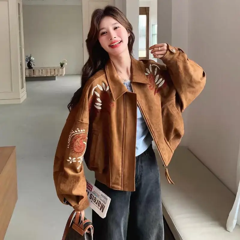 2026 Spring Autumn New Women Clothing Simple Fashion Zipper Jacket Embroidered Design Sense Niche Loose Casual Lapel Jacket Tops