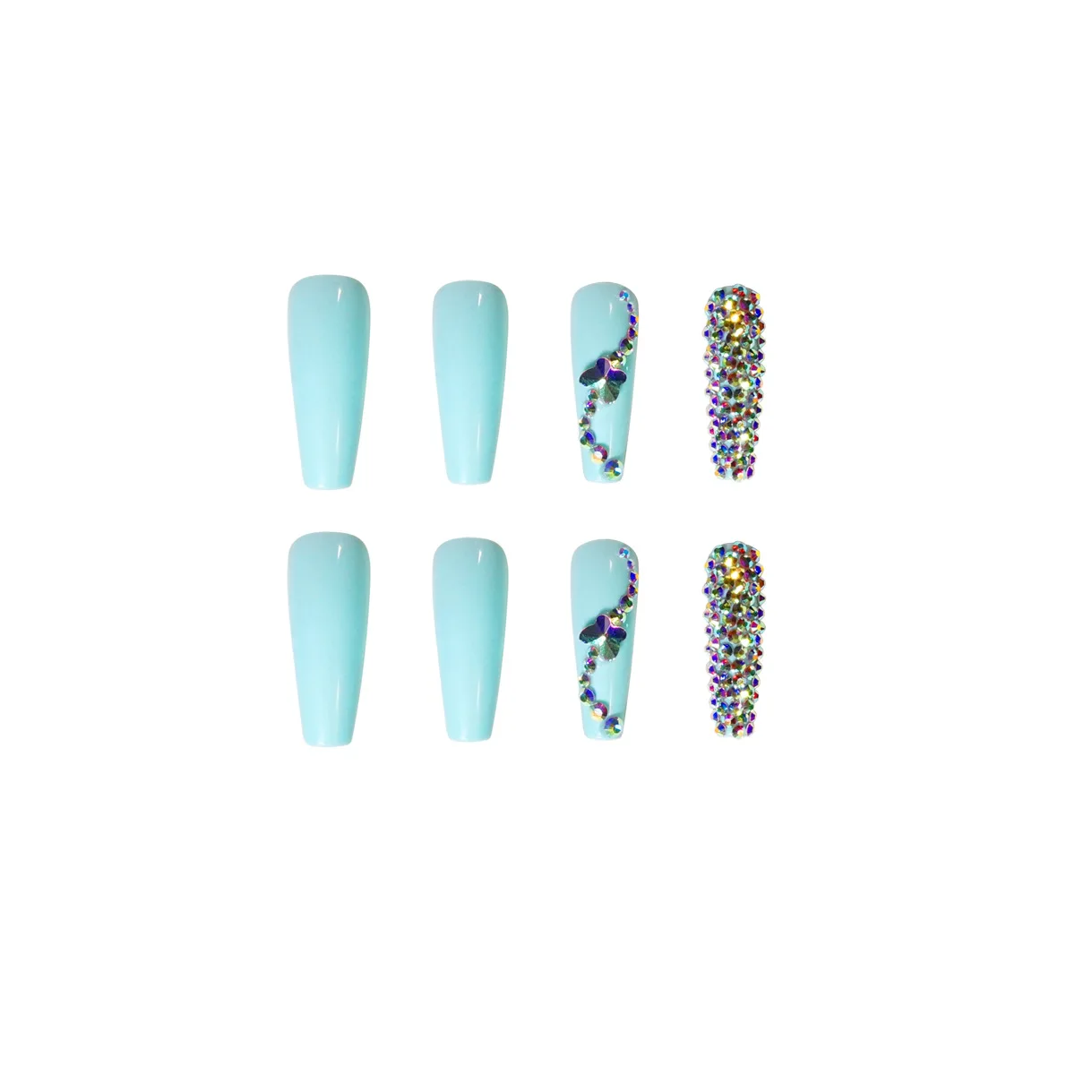 Glossy Baby Blue Wearable Nail Art Butterfly Rhinestone Long Ballet Detachable Finished False Nails Press on Nails with Glue