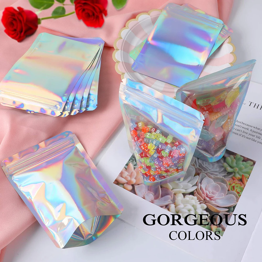 

50pcs Resealable Smell Proof Wedding Party Cosmetics Zipper Package Bag Pouches Holographic Aluminum Foil Zip Lock Mylar Bags