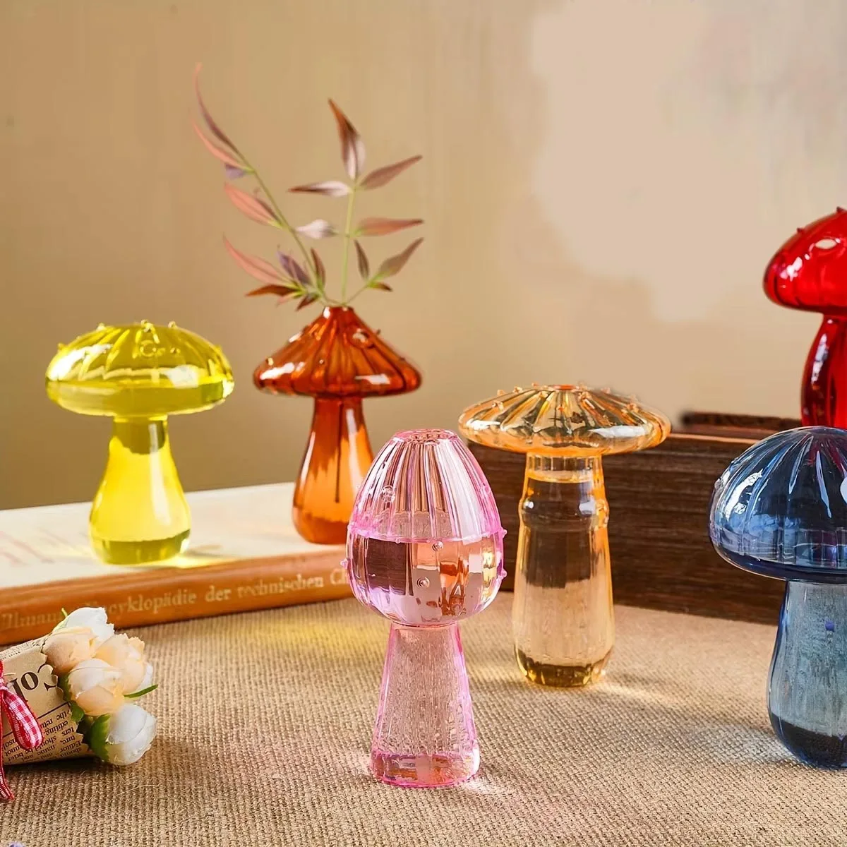 Glass spray-painted neoclassical-style decorative vases, set of six, colored mushroom design – glass home decor items