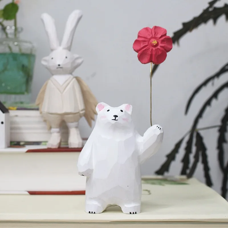 1pc Healing Hand‑Carved White Bear Wooden Ornament Cute Desktop Decor Creative Craft Figurine for Holiday Festival Gift Present
