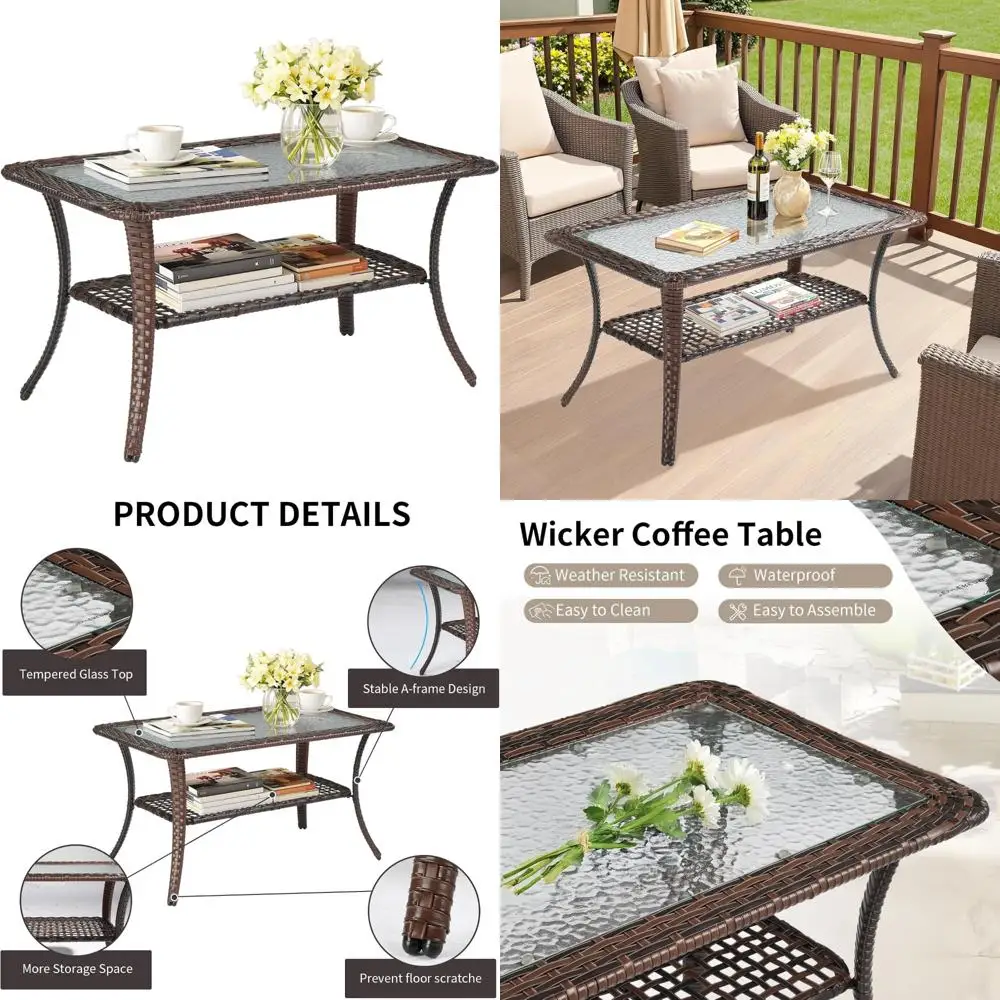 

Плетеный журнальный столик для патио на открытом воздухе с местом для хранения и столешницей из закаленного стекла для использования на балконе и в саду.