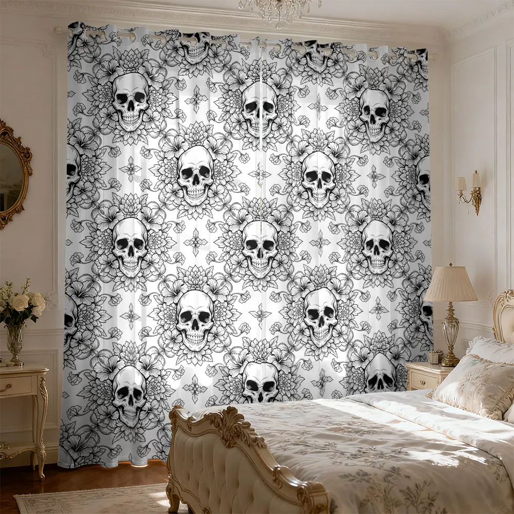 2pcs retro skull and flower print curtains for bedroom providing privacy and adding fashionable decorative touch to your home