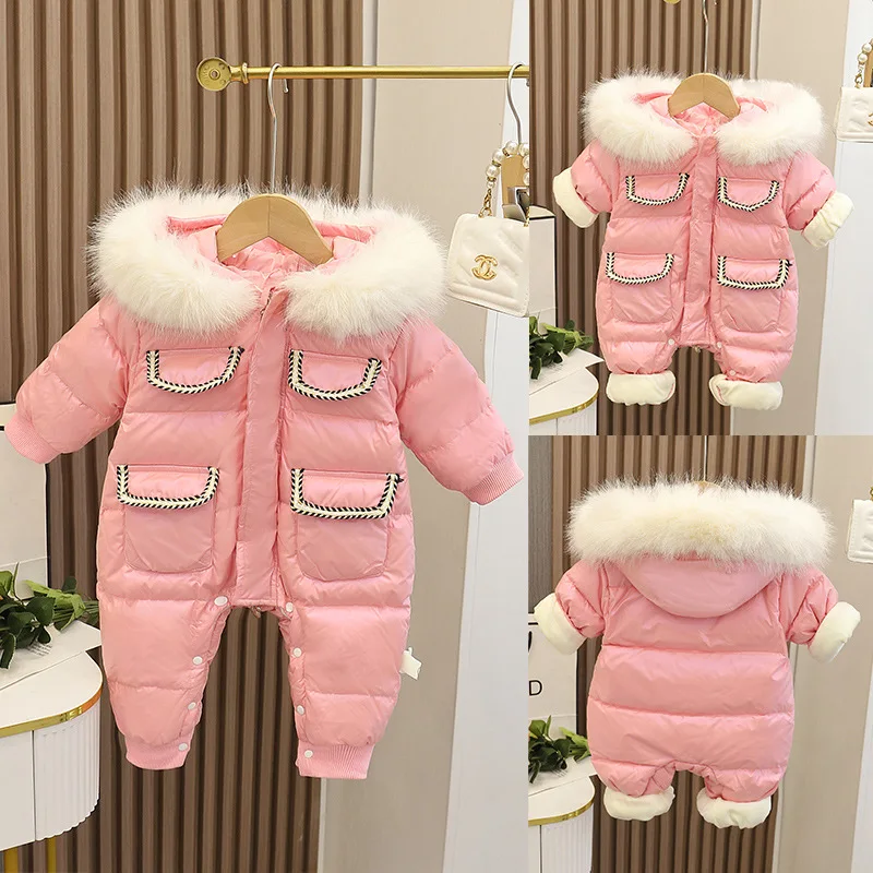 Infant Toddler One-piece Down Cotton Jacket Newborn Baby Boys Girls Thicken White Duck Down Hooded Outerwear Kids Winter Coat