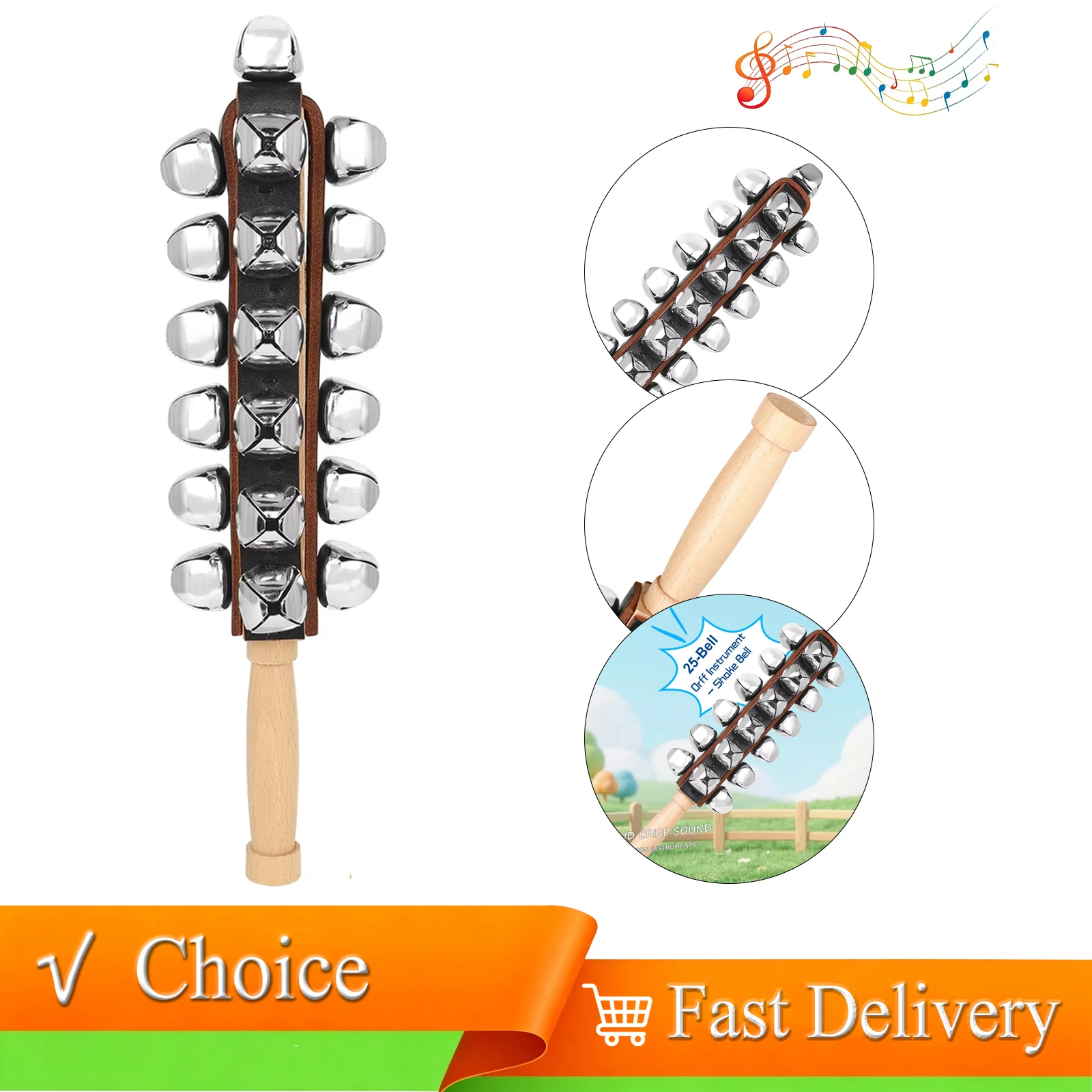 Wooden Handheld Jingle Bell Stick Hand Shaker Rattle Percussion Instrument for Teaching Rhythm Training Ensemble Performance