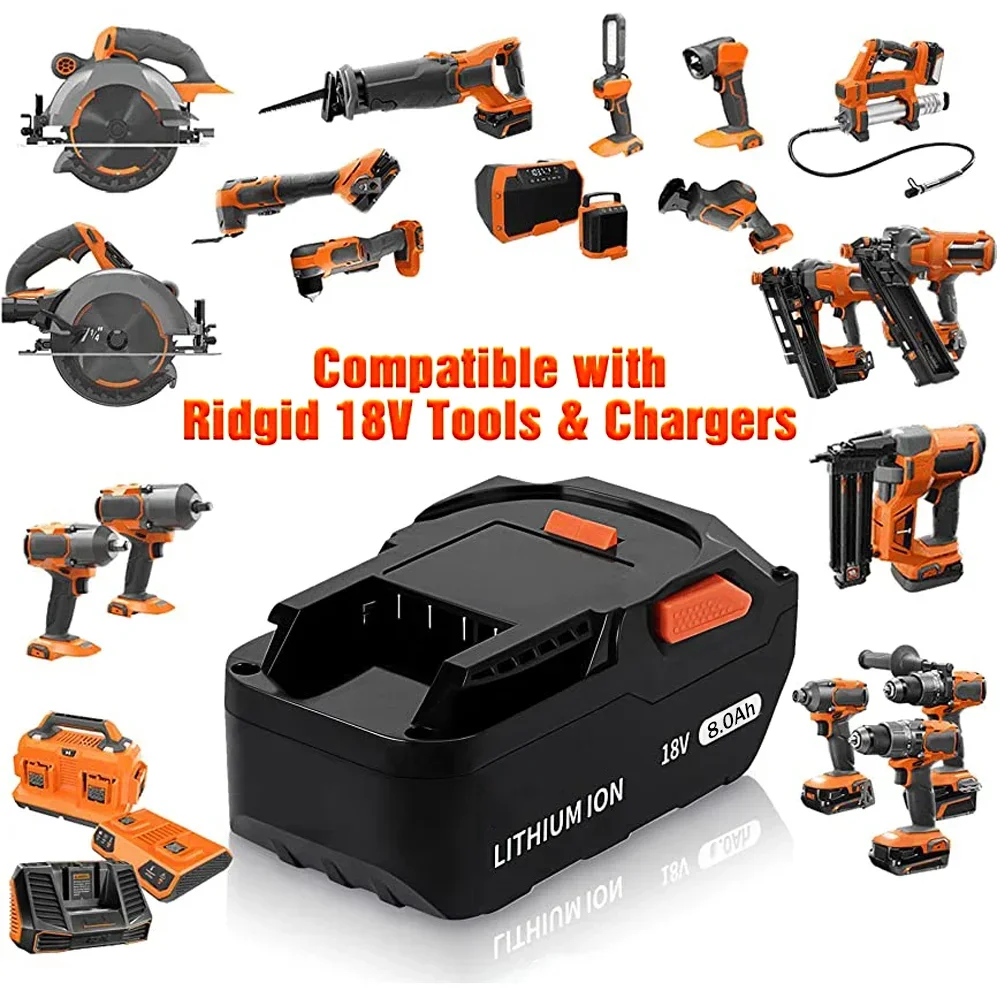 

Original 18V Battery 8.0AH Li-ion Battery For RIDGID R840087 R840085 L1815R L1850R L1830R R840083 Series Cordless Power Tool