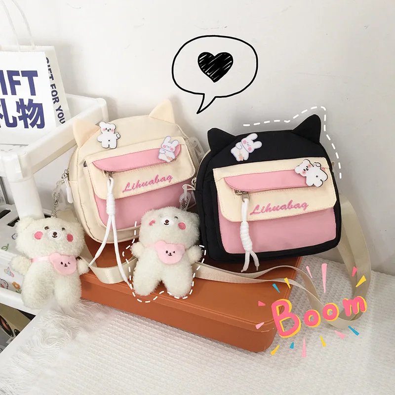 

Fashion Cartoon Cat Cross Body Bag Nylon Cute Cat Ear Outdoor Bag Cute And Sweet Heart Single Shoulder Bag