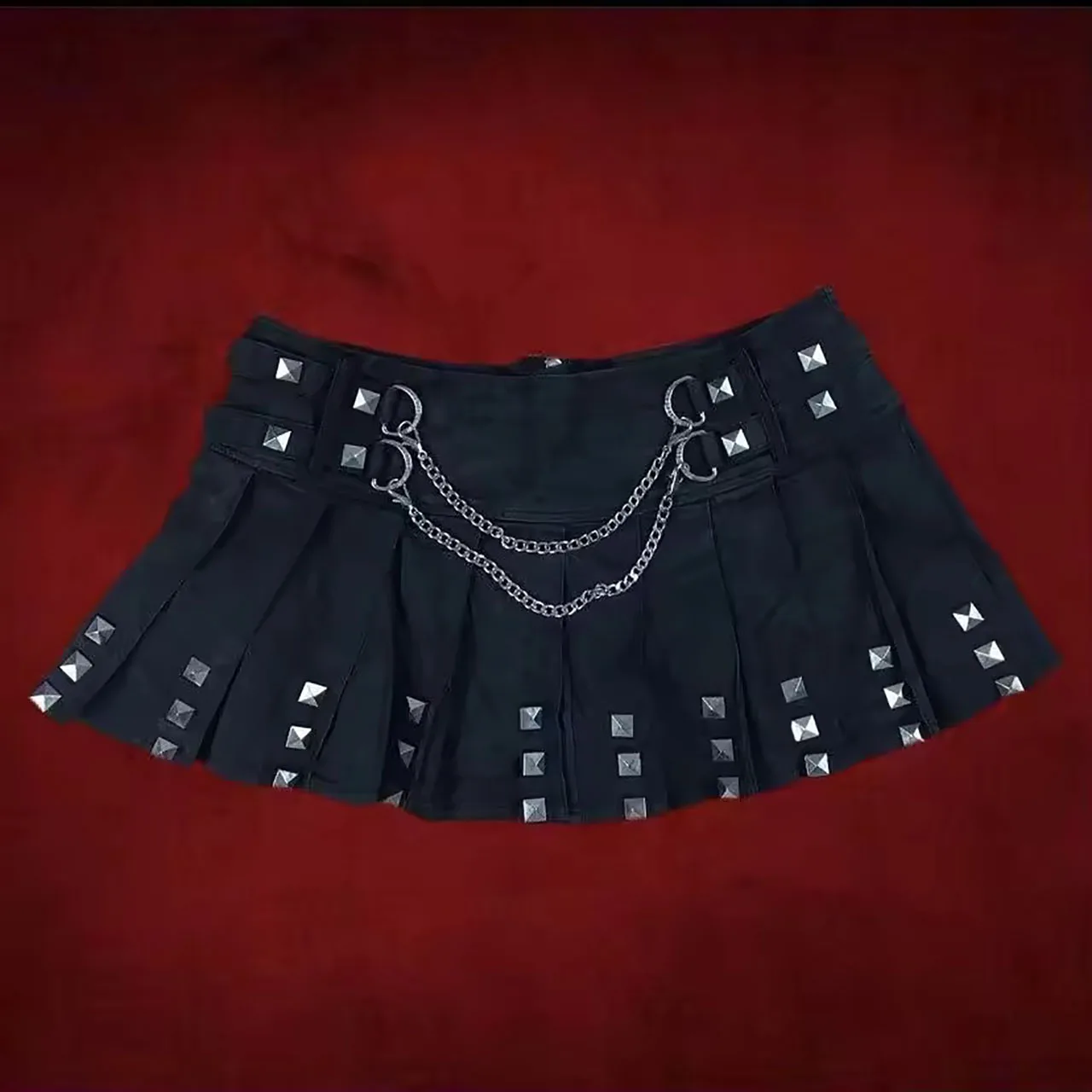 Summer New Street Gothic Punk Pure Color E-girl Mini Skirt Women Clothes Harajuku Vintage Sexy Rivet Pleated Skirts Hottie Skirt