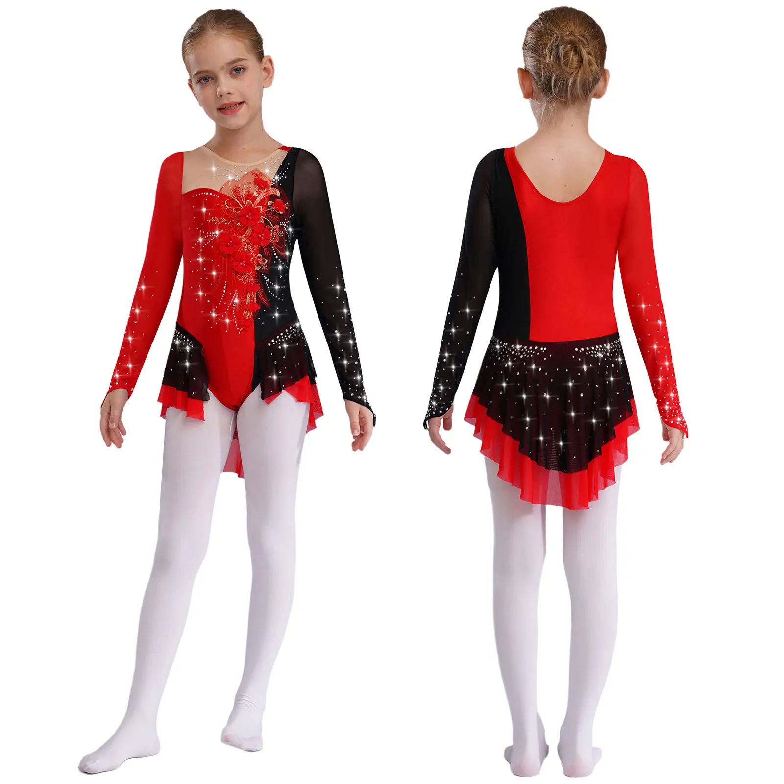 

Kids Girls Lyrical Dance Leotard Applique Shiny Rhinestones Costume Color Block Mesh Long Sleeve Bodysuit