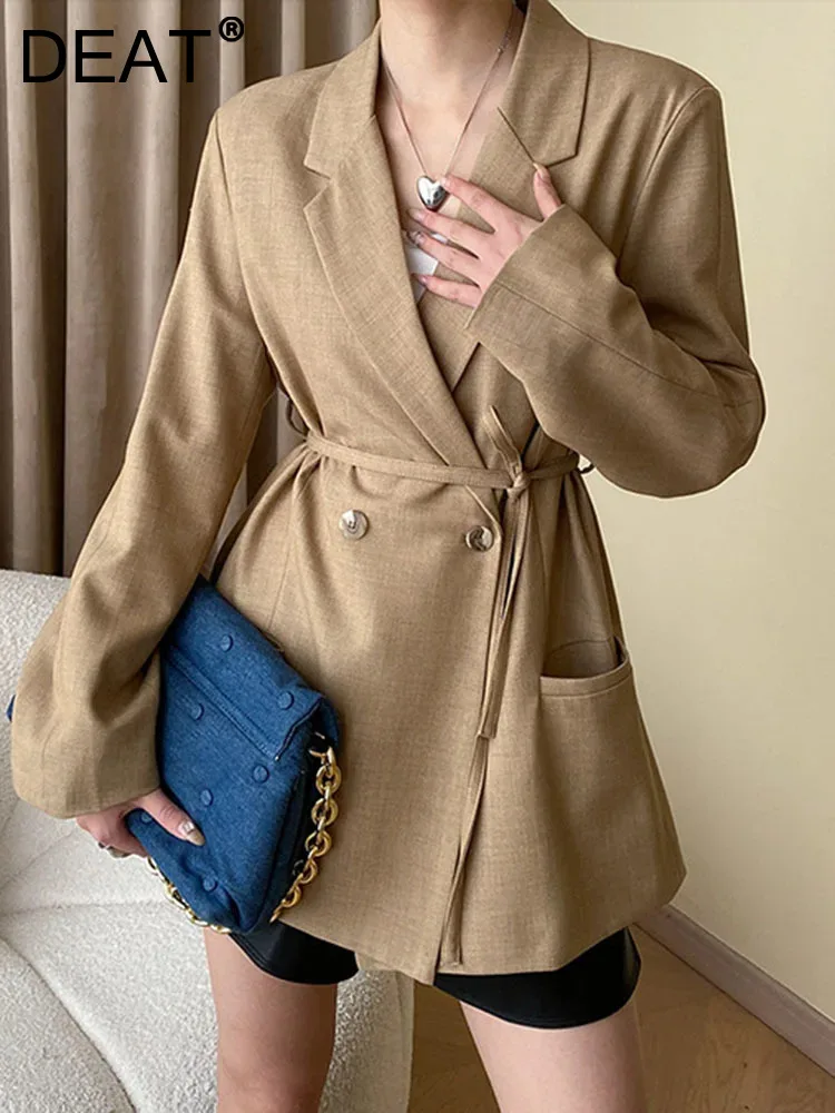 DEAT Fashion Women\'s Blazer Notched Collar Long Sleeves Double Breasted Lace Up Waist Khaki Suit Jackets Spring 2024 New 7AB3669