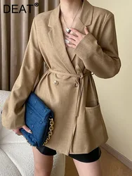 DEAT Fashion Women's Blazer Notched Collar Long Sleeves Double Breasted Lace Up Waist Khaki Suit Jackets Spring 2024 New 7AB3669