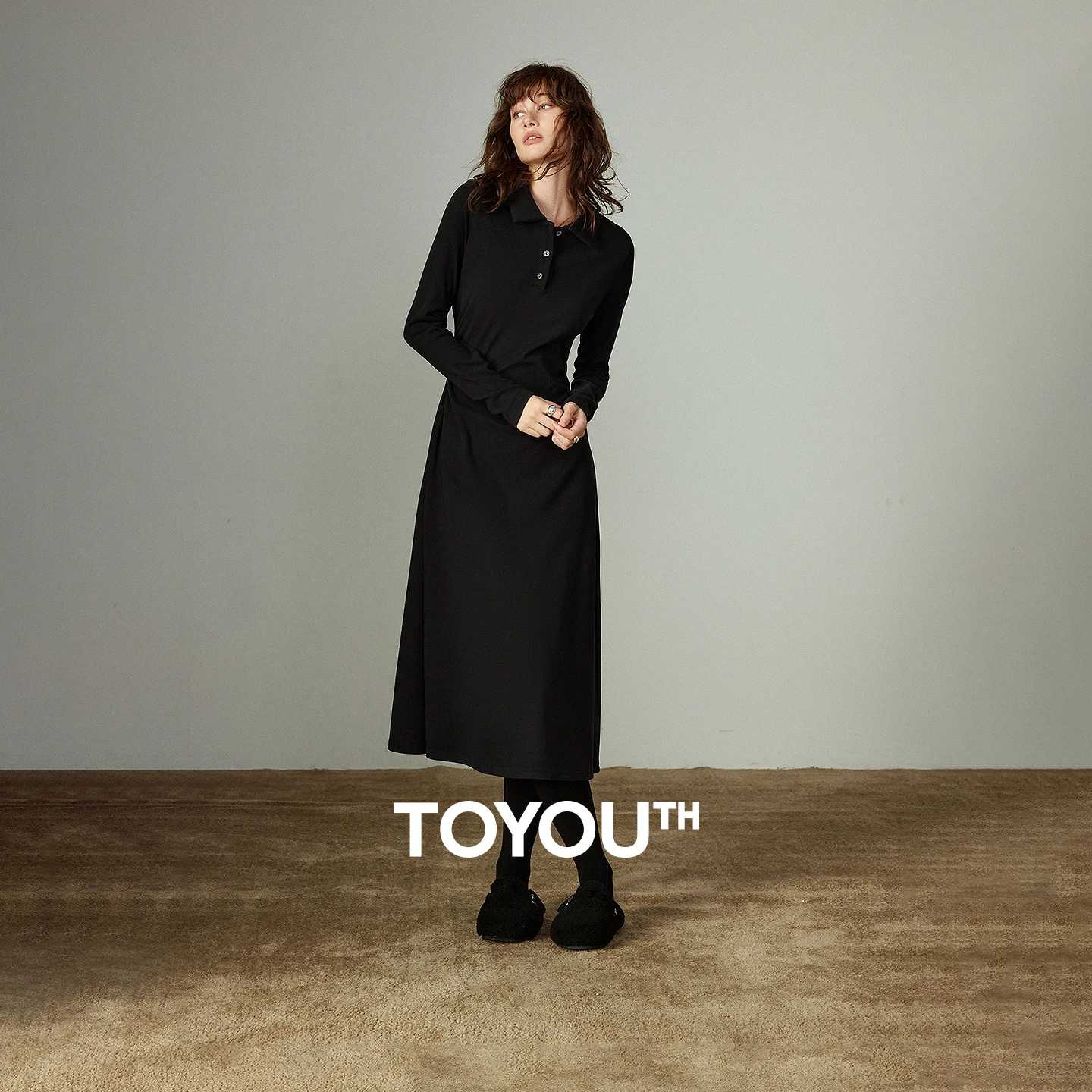 TOYOUTH Vestidos femininos 2025 inverno novo vestido polo de comprimento médio com babados na cintura vestidos de camada de base quente