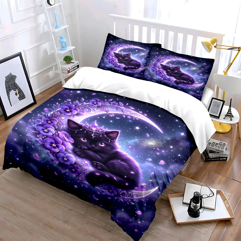 Fantasy cat with purple flowers Print Bedding Set 1 Duvet Cover 2 Pillowcases for Adult and Children Luxury Gift Full Size