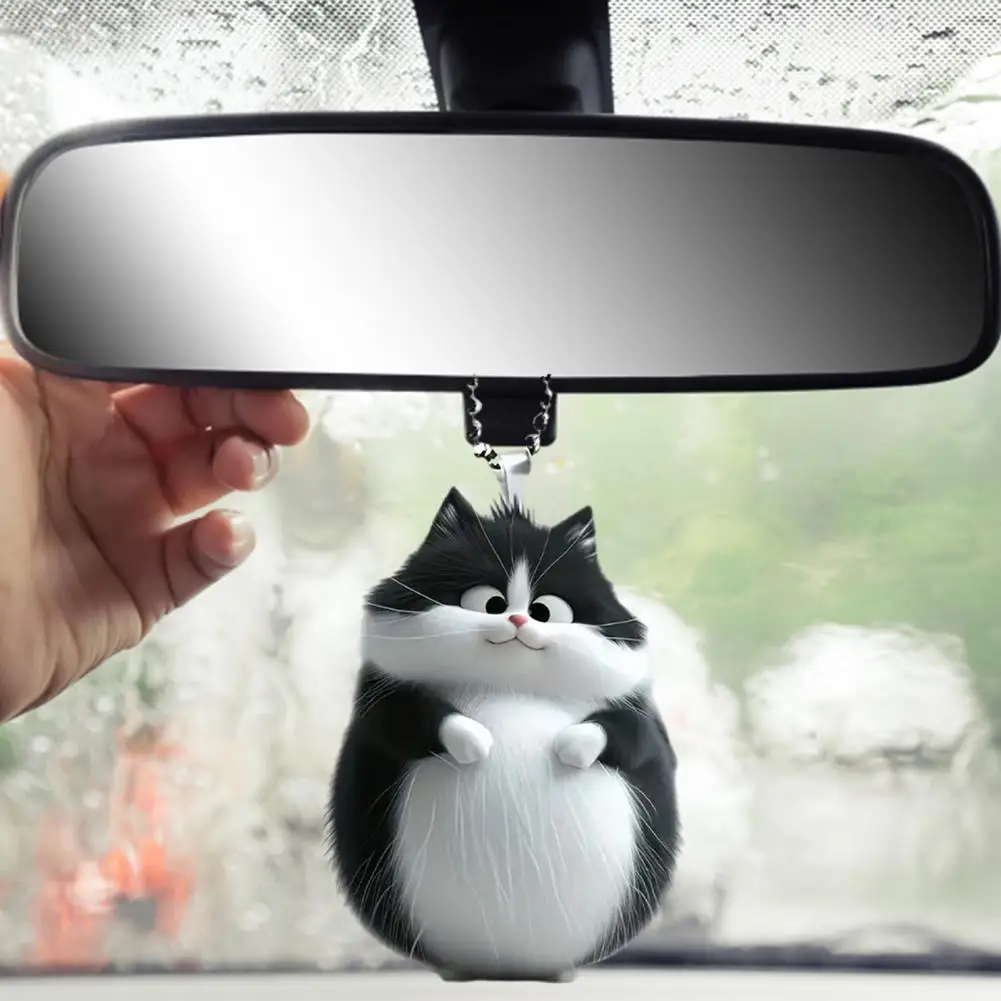 Cat Car Pendant Whimsical Charm Rearview Mirror Ornament Acrylic Flat 2D Kitten Auto Interior Car Decoration For Family Friends