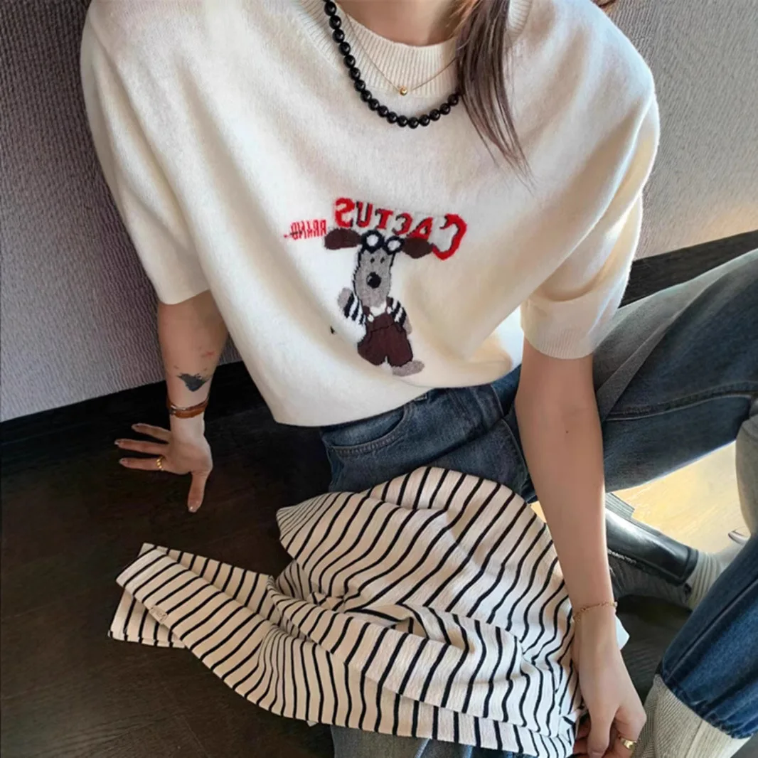 

Korean Cartoon Dog Short Sleeve Knitted Shirt Women's Summer Design Sensation Spring Slimming Elegant Youthful Top
